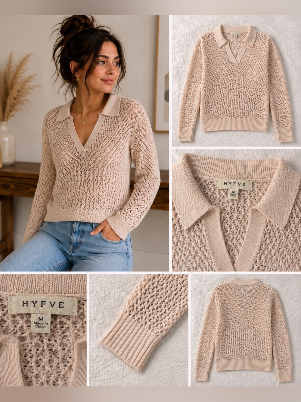 HYFVE Lightweight Open-Knit V-Neck Sweater in Blush Pink M - EUC